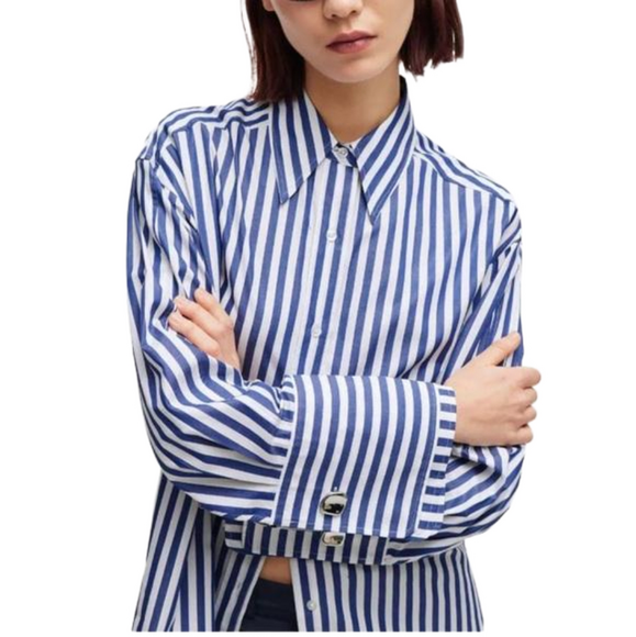 New! HUGO BOSS Oversized Shirt, Blue and Navy Stripe, Size 34 - Picture 9 of 9